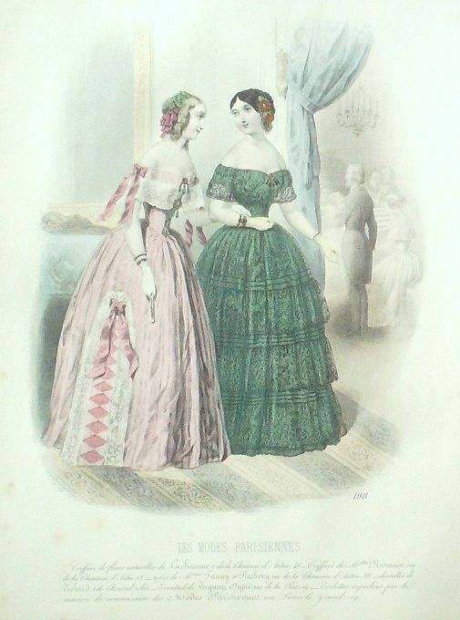 Gravure Les Modes Parisiennes 1846 # 198 Robes en perkale Maison Fanny