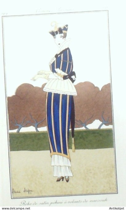 Gravure de mode Costume Parisien 1914 pl.138 STEFAN André Robe de satin