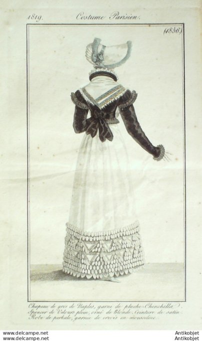 Gravure de mode Costume Parisien 1819 n°1856 Chinchilla  Robe perkale garnie