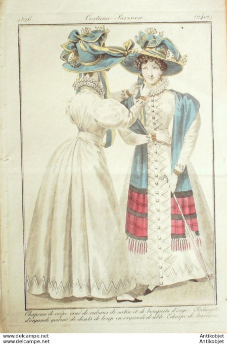Gravure de mode Costume Parisien 1826 n°2402 Redingote d'organdi