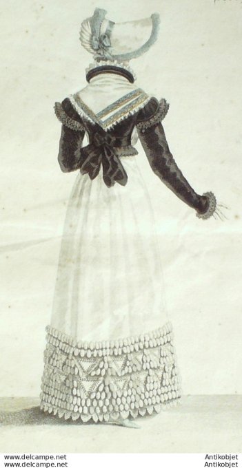 Gravure de mode Costume Parisien 1819 n°1856 Chinchilla  Robe perkale garnie