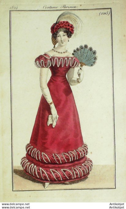 Gravure de mode Costume Parisien 1824 n°2215 Robe velours broderies éventail