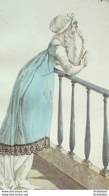 Gravure de mode Costume Parisien 1802 n° 402 (An 10) Fichu Tunique'Anglaise