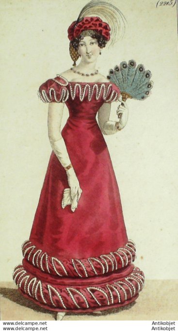 Gravure de mode Costume Parisien 1824 n°2215 Robe velours broderies éventail