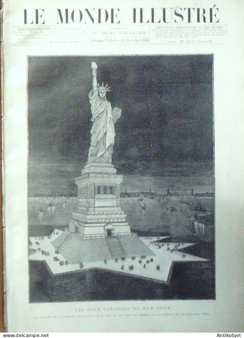 Le Monde illustré 1886 n°1546 Etats-Unis New York Brooklyn statue Liberté Boissière (78) Orphelinat 