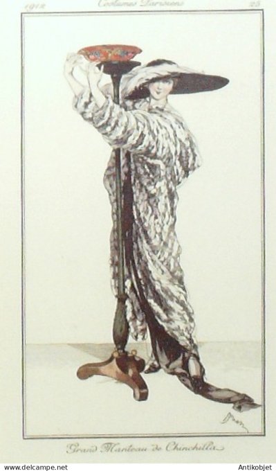 Gravure de mode Costume Parisien 1912 pl.25 DRIAN Etienne Manteau Chinchilla
