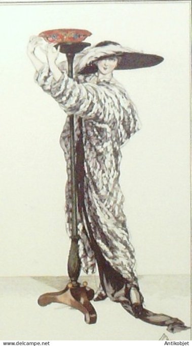 Gravure de mode Costume Parisien 1912 pl.25 DRIAN Etienne Manteau Chinchilla
