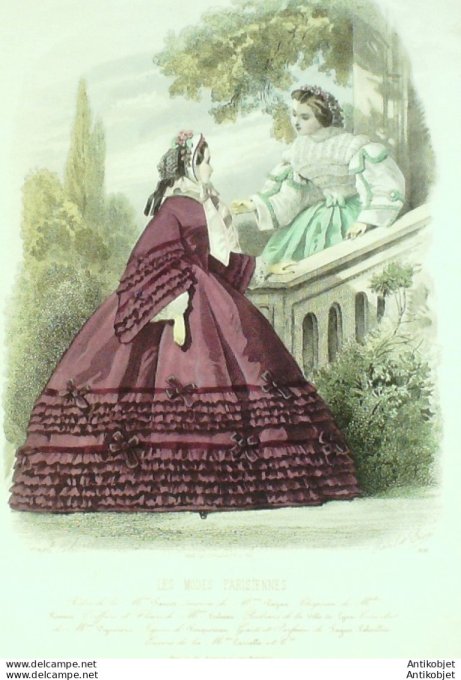 Gravure Les Modes Parisiennes 1860 # 916 Robes velours Maison Fauvet
