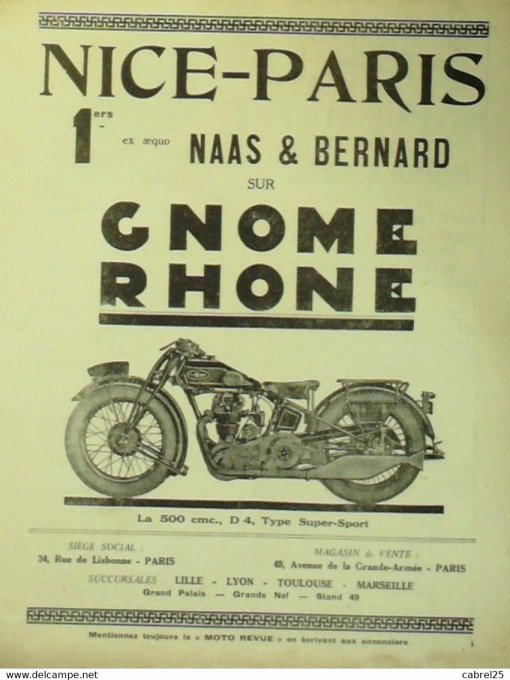 Moto Revue 1929 n° 347 René Gillet 350 Keller 400 Cerreti FN 500 Gnome Rhône 310