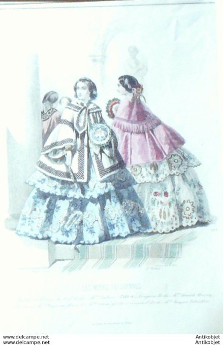 Gravure Les Modes Parisiennes 1851 # 673 Robes de bal Maison Collot