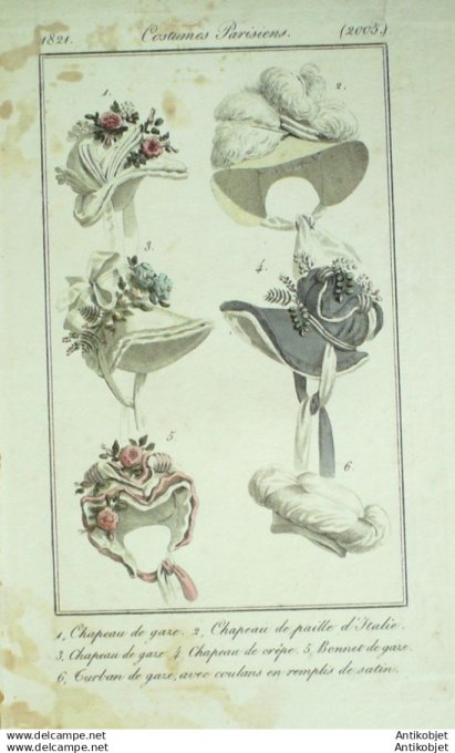 Gravure Mode Costume Parisien 1821 # 2005 (eau forte old Fashion plate