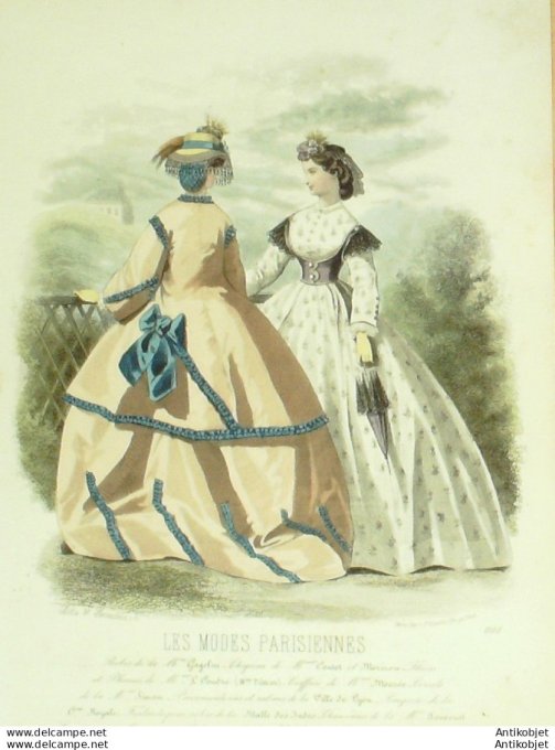 Gravure Les Modes Parisiennes 1863 #1105 Robes lin Maison Cagelin