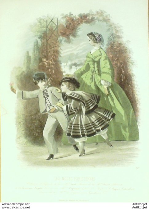 Gravure Les Modes Parisiennes 1860 # 917 Robes satin Maison Jacob