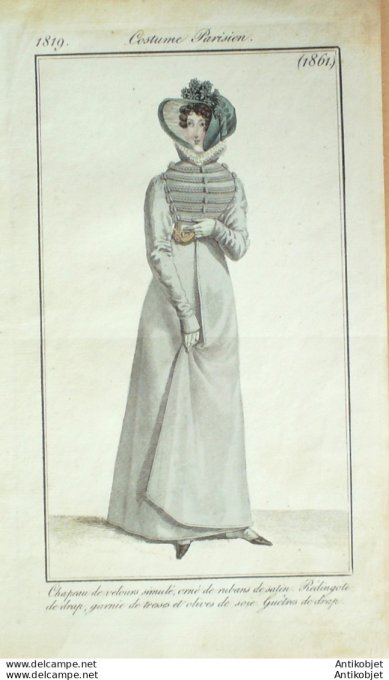 Gravure de mode Costume Parisien 1819 n°1861 Redingote de drap  garnie de tresses
