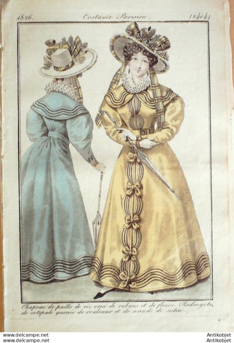 Gravure de mode Costume Parisien 1826 n°2404 Redingote cotepali noeuds de satin