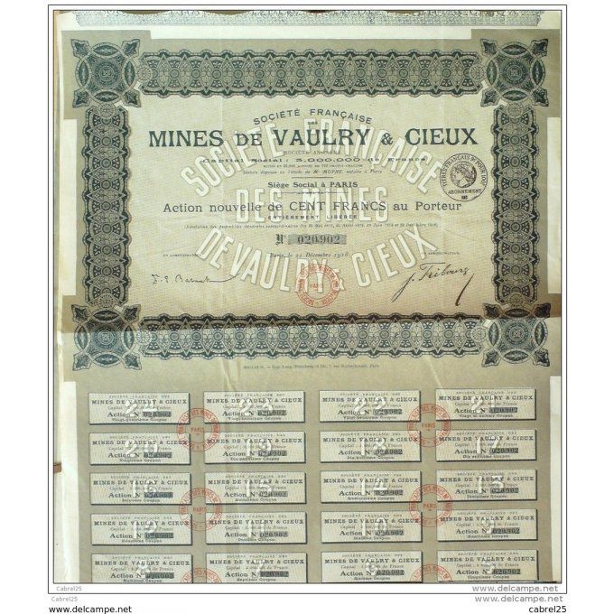 MINES de VAULRY et CIEUX-ACTION-100 FR-1916