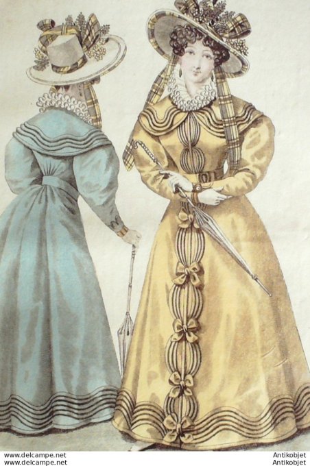 Gravure de mode Costume Parisien 1826 n°2404 Redingote cotepali noeuds de satin