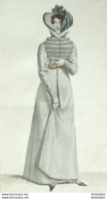 Gravure de mode Costume Parisien 1819 n°1861 Redingote de drap  garnie de tresses