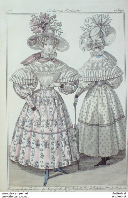 Gravure de mode Costume Parisien 1830 n°2809 Canezou robe mousseline imprimée