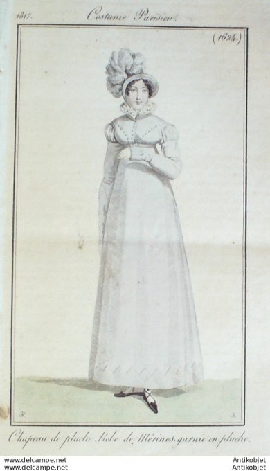 Gravure de mode Costume Parisien 1817 n°1624 Robe mérinos garnie en pluche