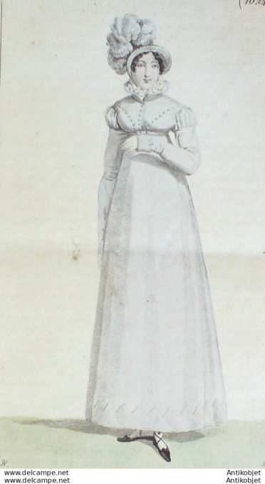 Gravure de mode Costume Parisien 1817 n°1624 Robe mérinos garnie en pluche