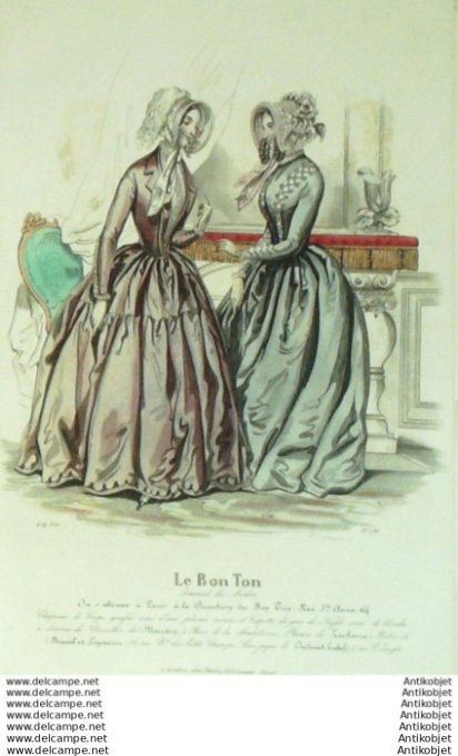 Gravure Mode Le Bon Ton 1843 # 751 (aquarelle old fashion plate)