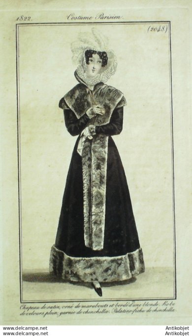 Gravure de mode Costume Parisien 1822 n°2048 Robe velours garnie de chinchilla