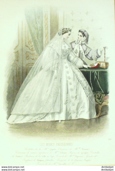 Gravure Les Modes Parisiennes 1860 # 919 Robe de mariée Maison Gagelin
