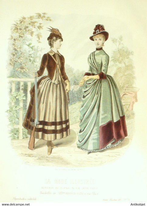 Gravure de mode La Mode illustrée 1885 n°34 (Maison Bréant-Castel) Chasseuse