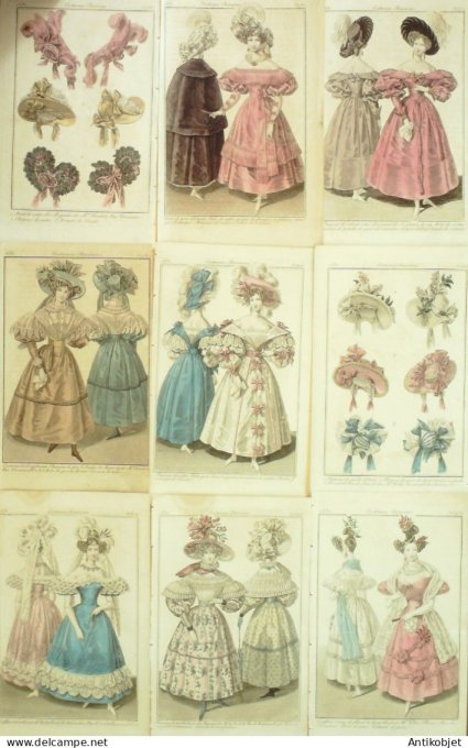 Gravures de mode Costume Parisien 1830 Lot 33 9 pièces