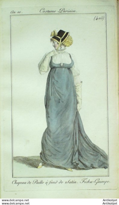 Gravure de mode Costume Parisien 1802 n° 405 (An 10) Fichu Guimpe