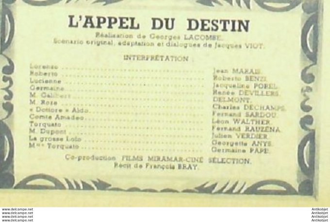 L'appel Du Destin Jean Marais Roberto Benzi Fernand Sardou