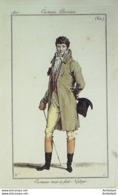Gravure de mode Costume Parisien 1807 n° 821 Costume négligé homme