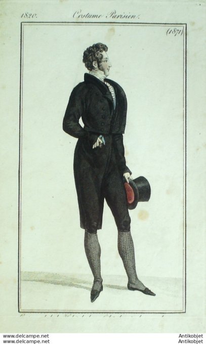 Gravure de mode Costume Parisien 1820 n°1871 Costume homme de cérémonie