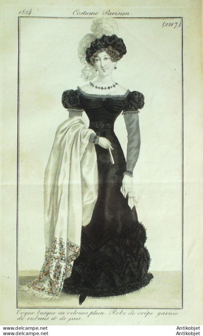 Gravure de mode Costume Parisien 1824 n°2217 Robe crêpe rubans jais  toque basque
