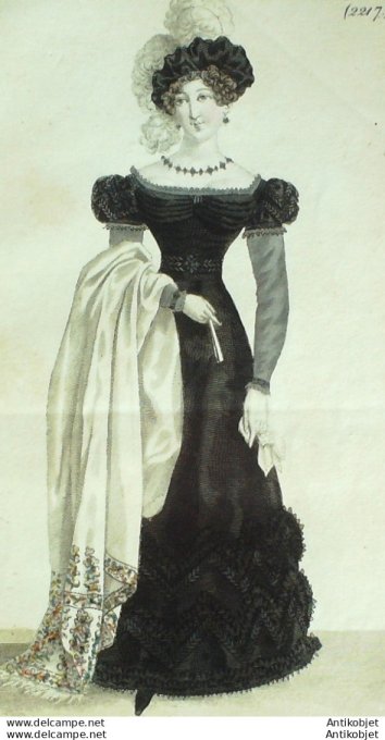 Gravure de mode Costume Parisien 1824 n°2217 Robe crêpe rubans jais  toque basque