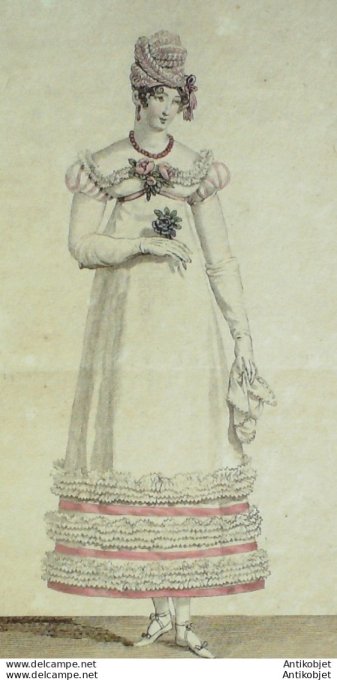 Gravure de mode Costume Parisien 1813 n°1302 Robe garnie de ruches d'étoffe