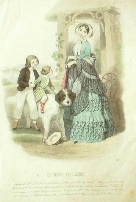 Gravure Les Modes Parisiennes 1847 # 213 Costumes enfants Maison Gior Chien