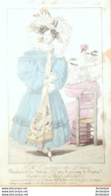 Gravure Mode Courrier des Dames 1827 #  637 (eau forte old Fashion plate)