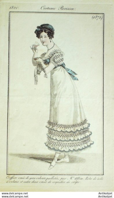 Gravure de mode Costume Parisien 1820 n°1872 Robe de tulle velours