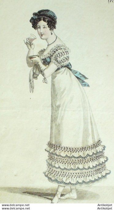 Gravure de mode Costume Parisien 1820 n°1872 Robe de tulle velours