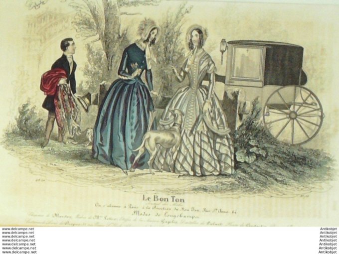 Gravure Mode Le Bon Ton 1843 # 758 (aquarelle old fashion plate) Caleche