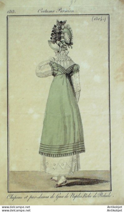 Gravure de mode Costume Parisien 1813 n°1304 Robe perkale gros de Naples