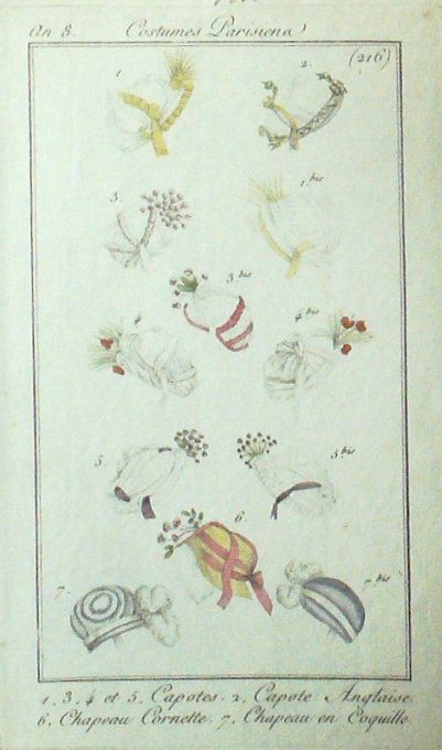 Gravure Mode Costume Parisien 1800 an  8 # 216 (eau forte old Fashion plate