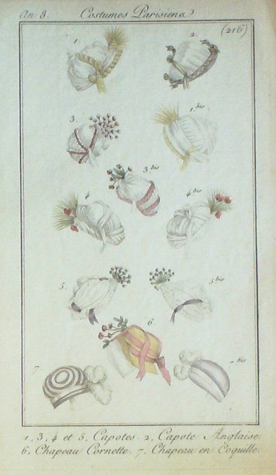 Gravure Mode Costume Parisien 1800 an  8 # 216 (eau forte old Fashion plate