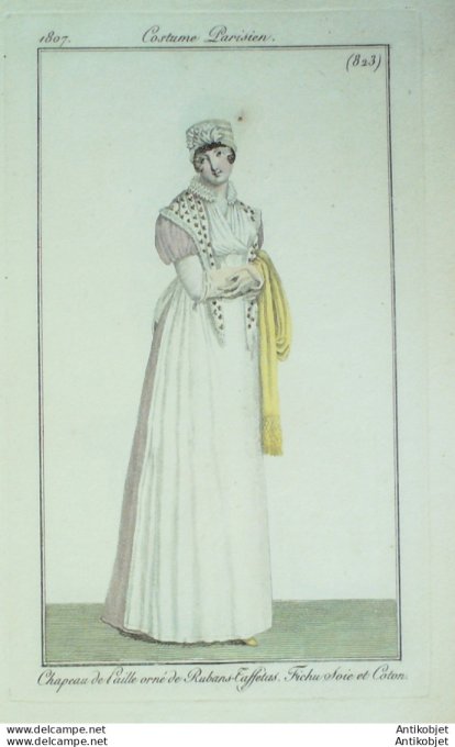 Gravure de mode Costume Parisien 1807 n° 823 Fichu soie et coton