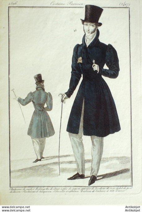 Gravure de mode Costume Parisien 1826 n°2407 Redingottes de drap homme