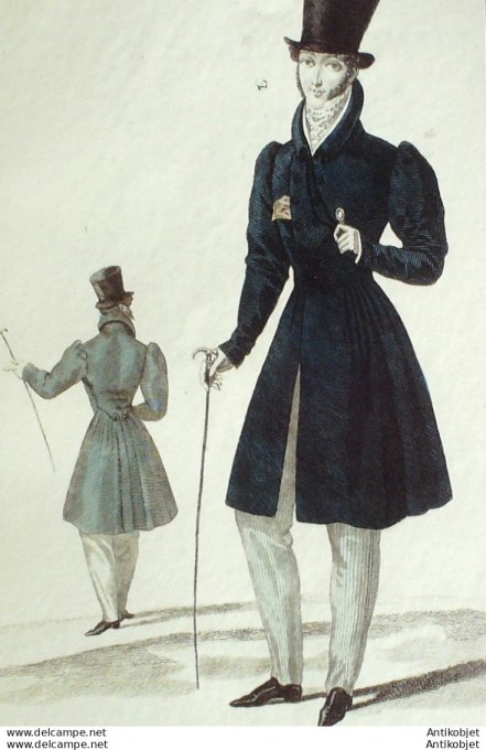 Gravure de mode Costume Parisien 1826 n°2407 Redingottes de drap homme