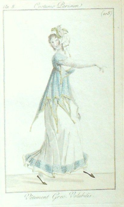 Gravure Costume Parisien 1800 an 8 # 218 (eau forte) Vêtement grec Volubilis