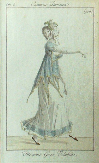 Gravure Mode Costume Parisien 1800 an  8 # 218 (eau forte old Fashion plate